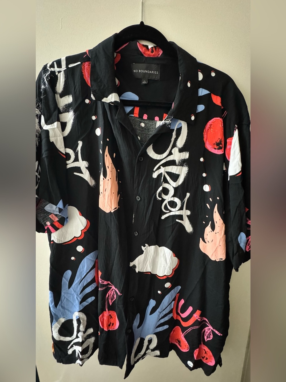 No Boundaries Black Graphic Button-Down Shirt with Multicolor Print